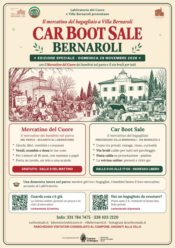 Volantino del 29 novembre: Car Boot Sale e Mercatino del Cuore a Villa Bernaroli, edizione speciale